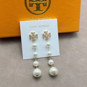Tory Burch Gold and White Pearl Drop Logo Earrings